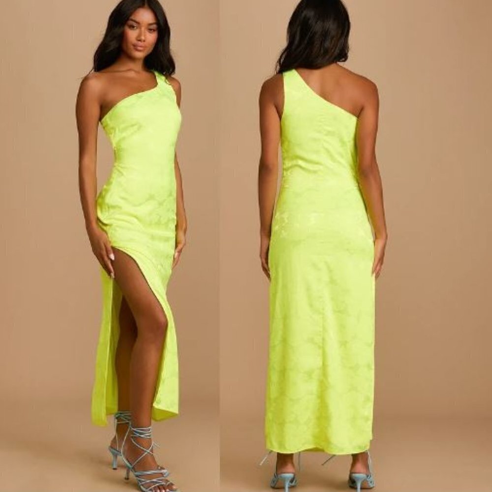 Lulus Neon Yellow Floral One Shoulder Maxi Dress Womens Size S